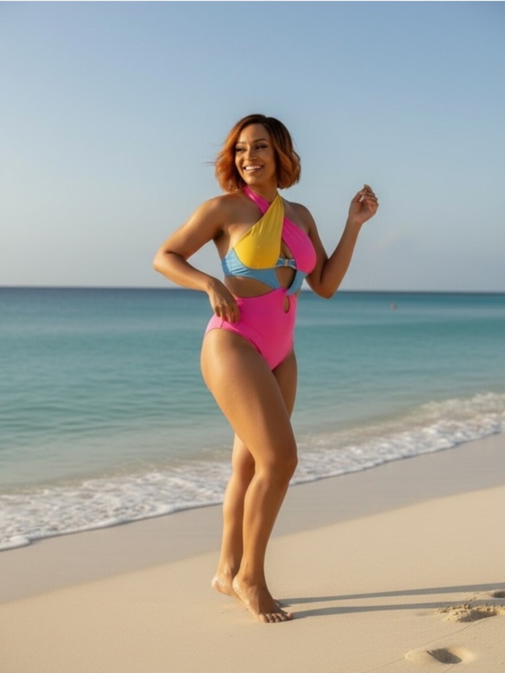 Colorblock Halter One-Piece Swimsuit in Pink, Yellow & Blue